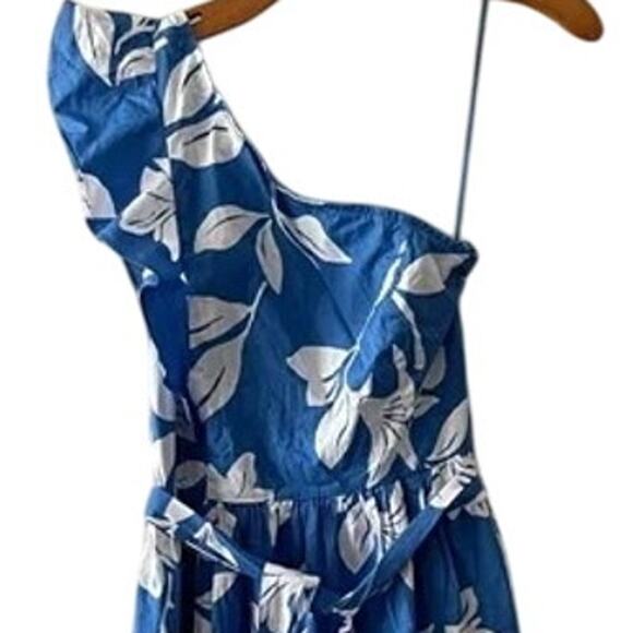 NWT J Crew Floral Ruffle One Shoulder Midi Dress Tie Elastic Waist 14 Blue White - Picture 3 of 15